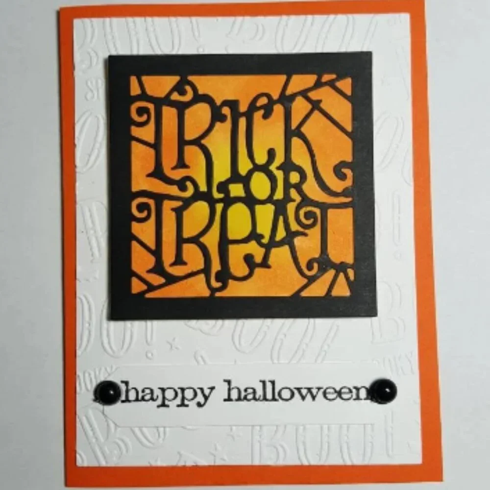 Happy Halloween‎ Note Card - Orange, Black, & White w/Die Cut & Stamp Pic w/Env
